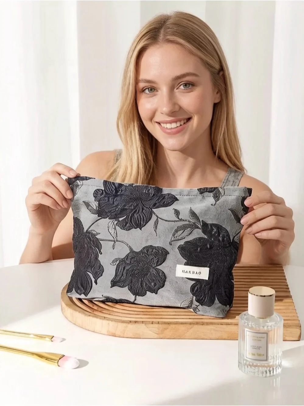 Gray Floral Zip Cosmetic Bag - Elegant Travel Pouch